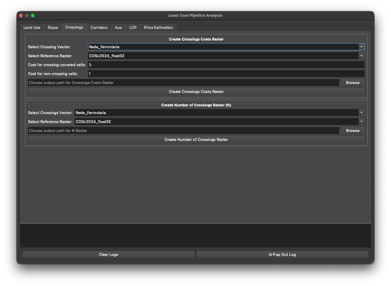 The Crossings tab of the plugin