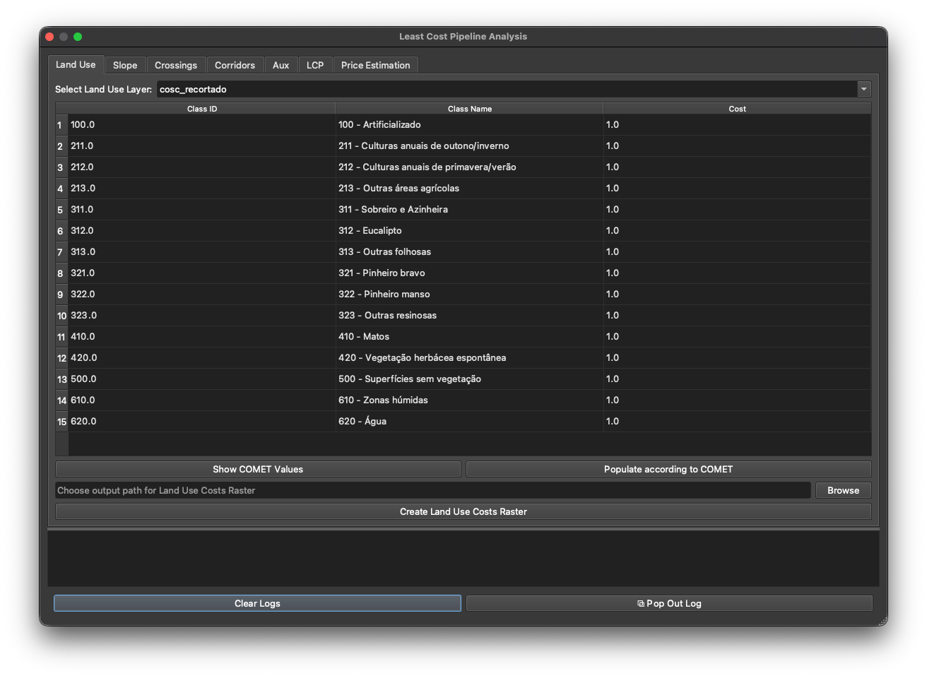 The Land Use tab of the plugin