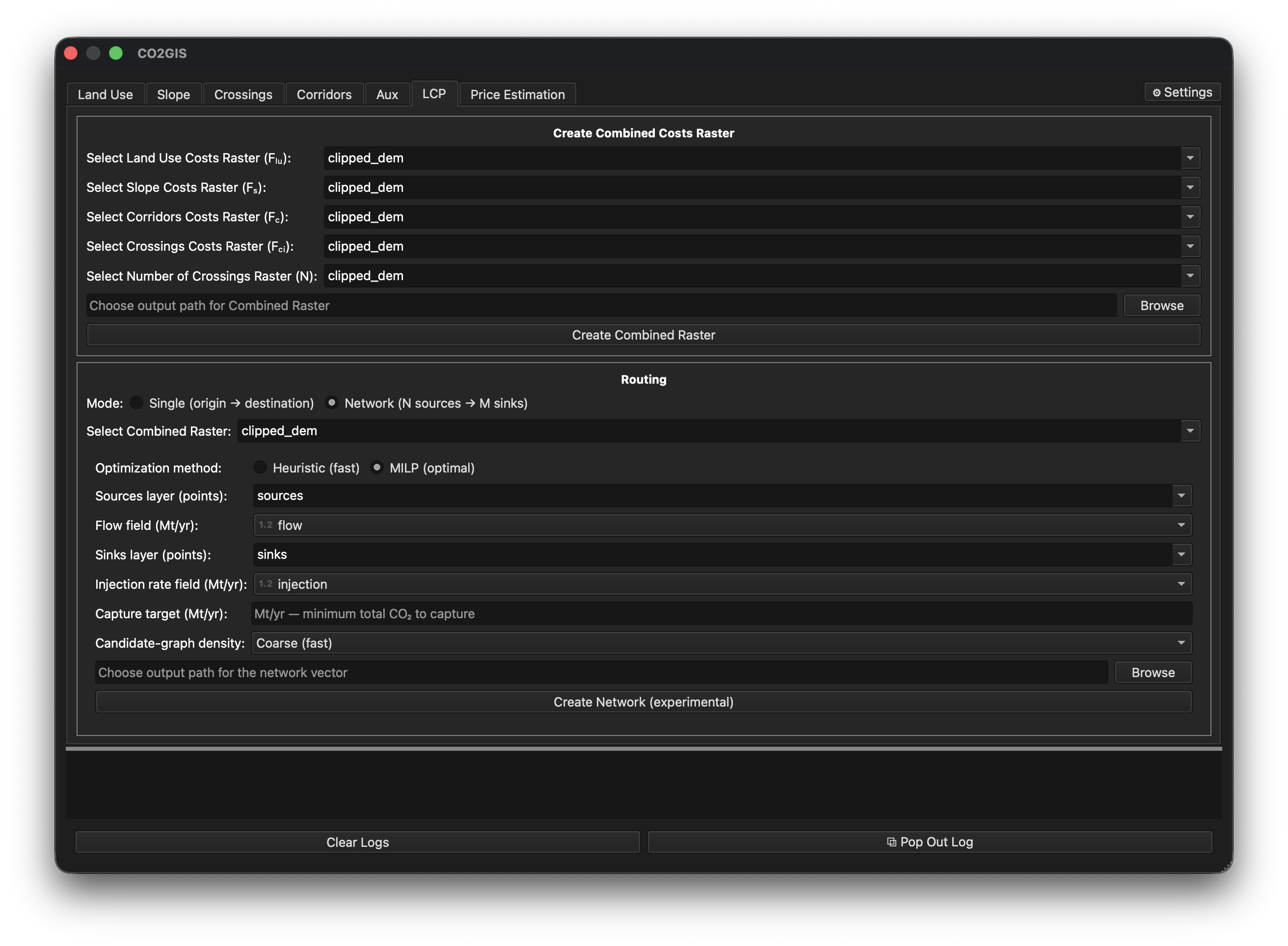 LCP tab in Network mode with MILP engine selected — shows Capture target and Candidate-graph density inputs
