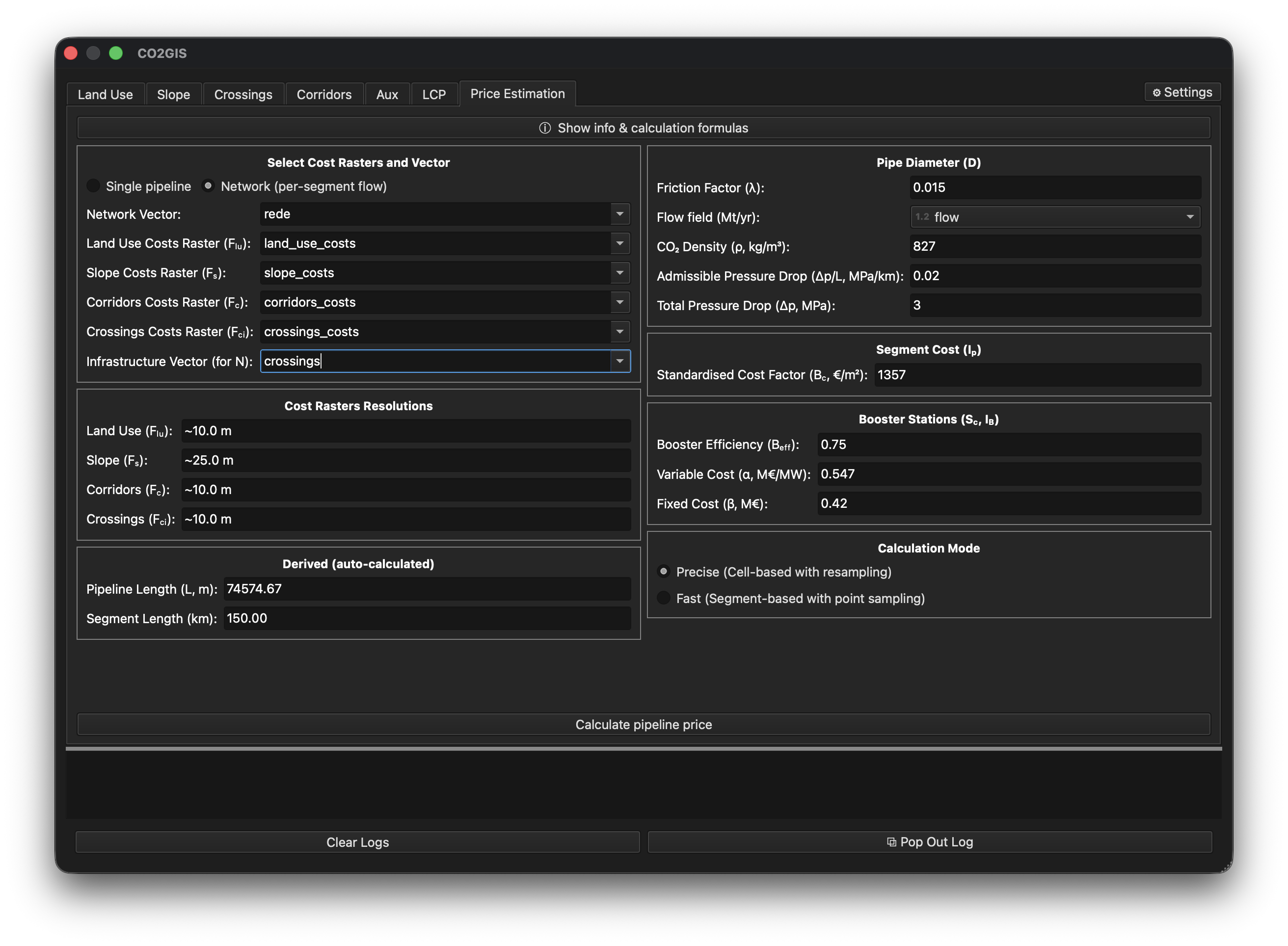 Price Estimation tab in Network mode — select the network vector and its flow field