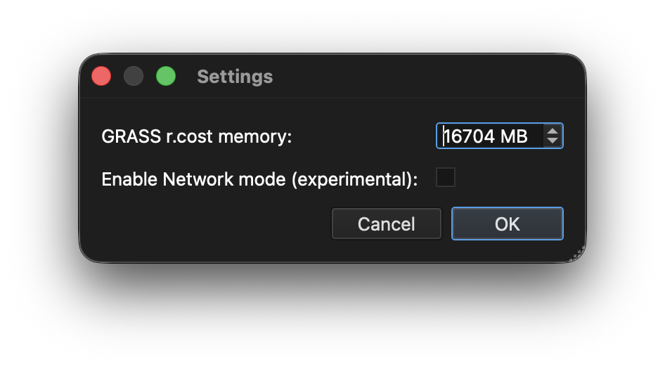 Settings dialog — tick "Enable Network mode (experimental)" and set GRASS r.cost memory